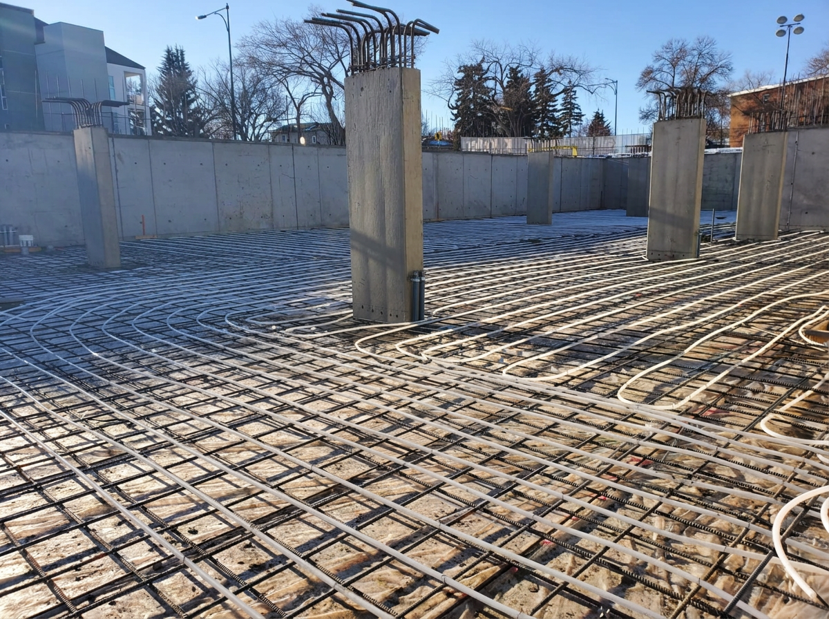 Hydronic tubing installed over rebar on an Alberta jobsite